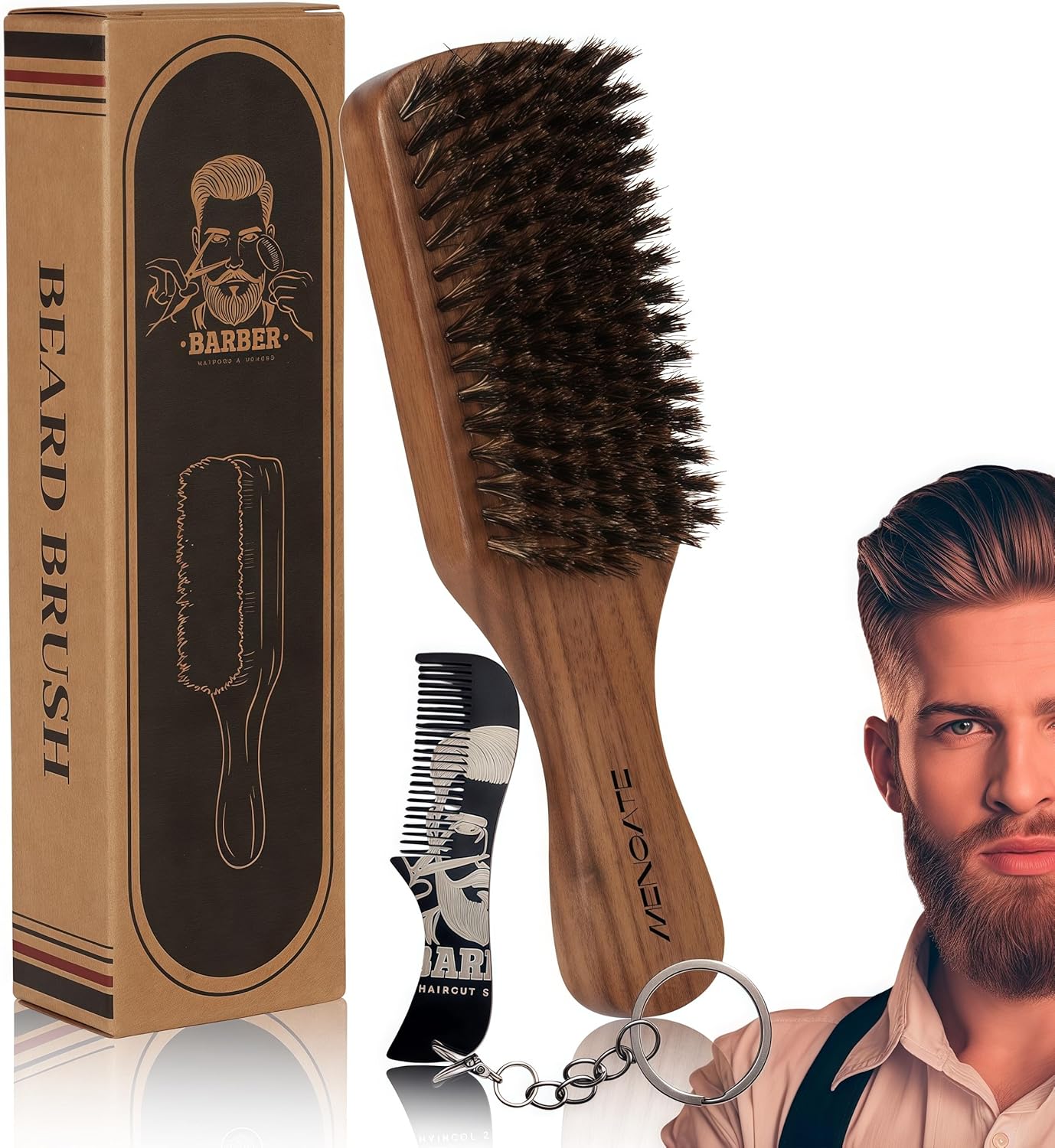Walnut Wood Boar Bristles Beard Brush Kit for Men, Beard Grooming & Hair Styling Quiff, Pompadour, Slicked-back, Undercut, Straightens & Promotes Beard Growth - Works with Beard Oils and Balms