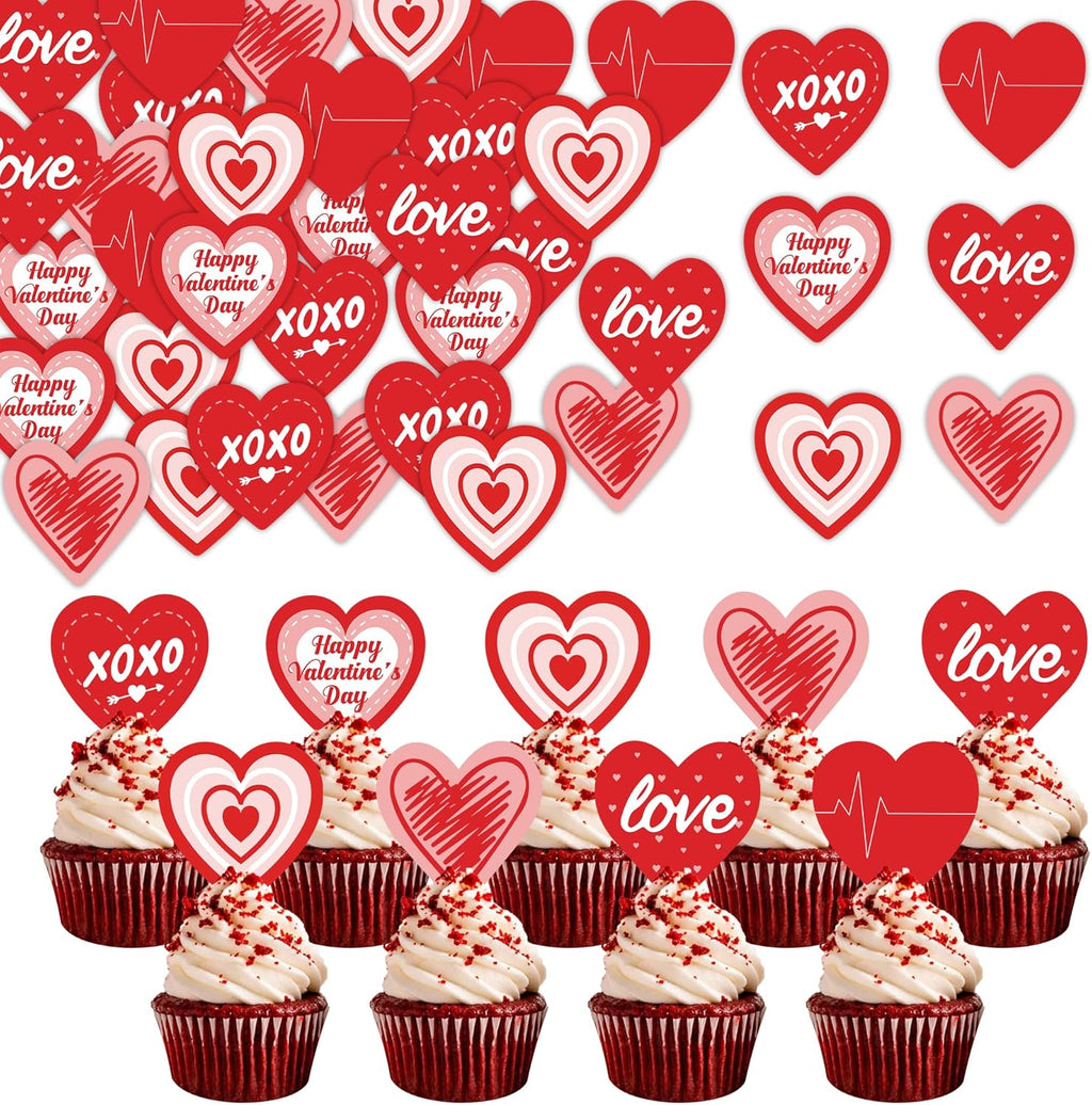 42Pcs Edible Happy Valentine's Day Cupcake Toppers Wafer Paper Sweet Love Heart Cupcake Pick Decorations Valentine's Day Cake Decorations Supplies