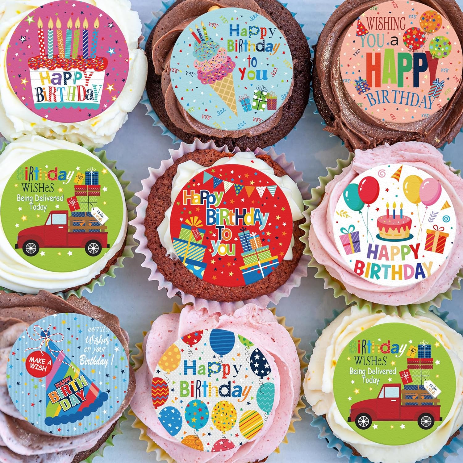 36PCS Edible Happy Birthday Cupcake Toppers Wafer Paper Anniversary Cupcake Toppers Edible Make a Wish Cupcake Picks for Kids Birthday Theme Party Decoration Supplies