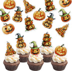 48 PCS Edible Halloween Pumpkin Cupcake Toppers Wafer Paper Jack-O-Lantern & Witch Hat Pumpkin Cupcake Picks for Cake Decorating