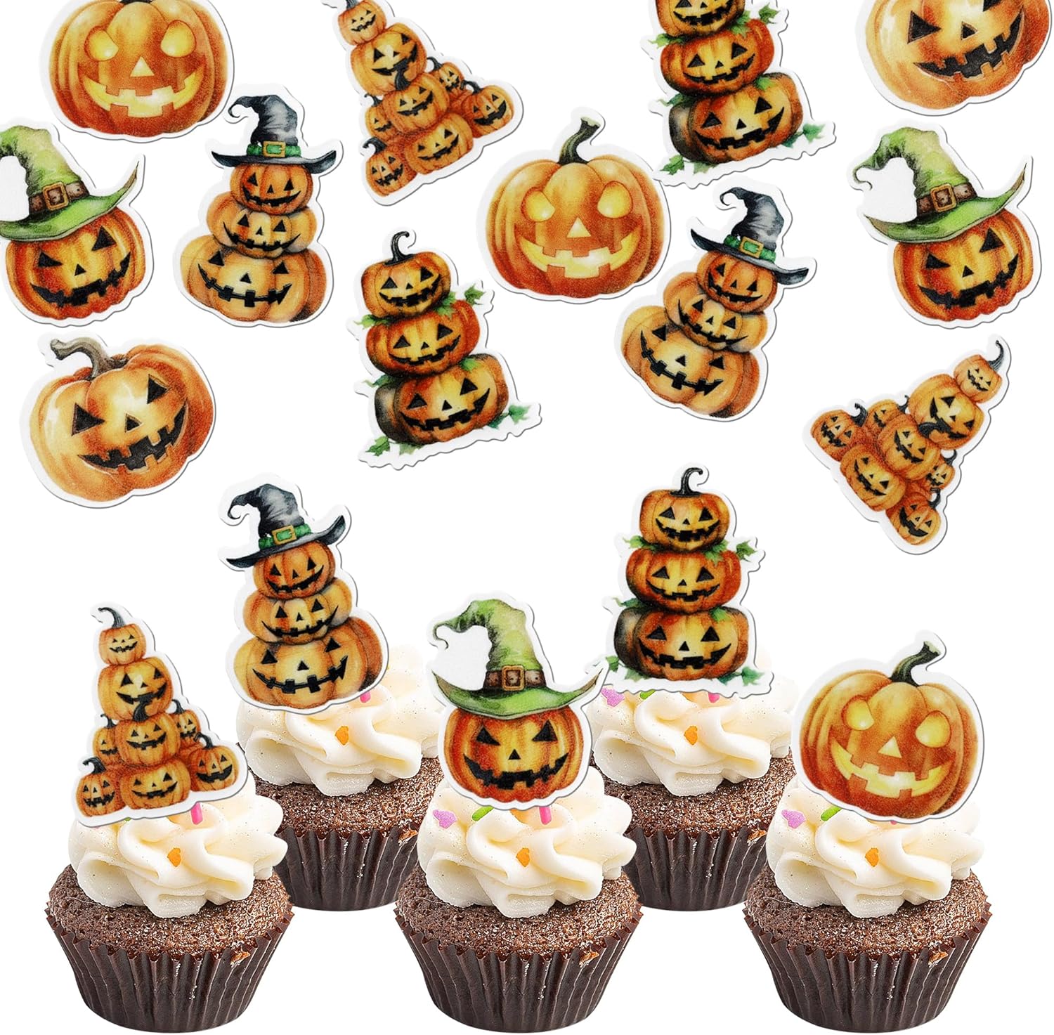 48 PCS Edible Halloween Pumpkin Cupcake Toppers Wafer Paper Jack-O-Lantern & Witch Hat Pumpkin Cupcake Picks for Cake Decorating