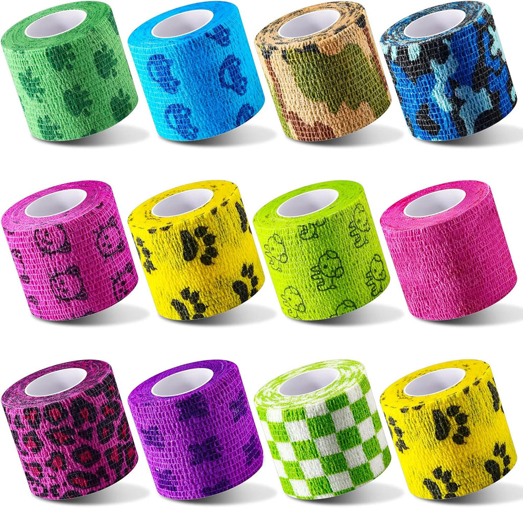 12 Pieces 2 Inch Self Adhesive Bandage Vet Non Woven Elastic Cohesive Bandage Tattoo Supplies Grip Tape Athletic Tape Gauze Wrap for Sports, Wrist, Ankle and Pet Wrap (Animal and Camouflage)
