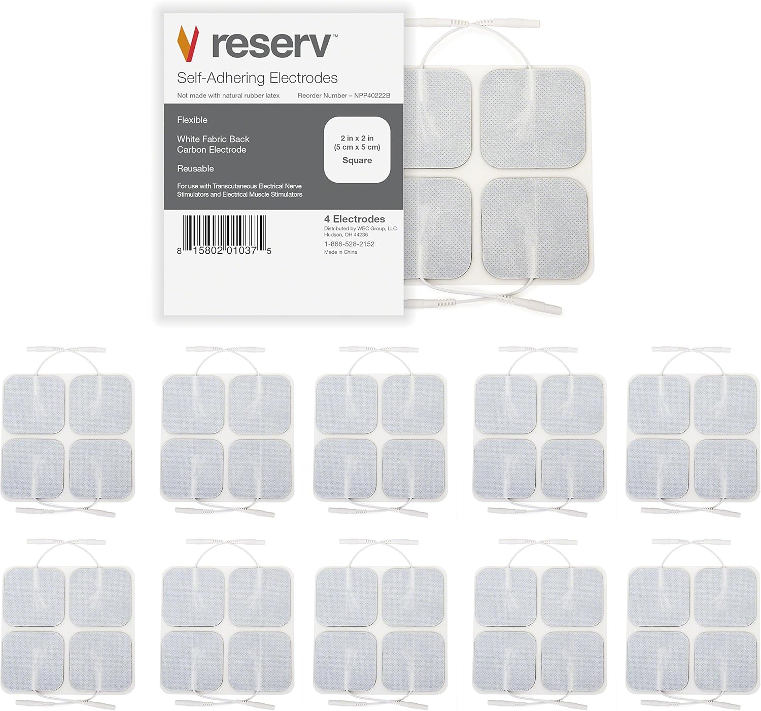 reserv 2" x 2" Premium Re-Usable Self Adhesive Electrode Pads for TENS/EMS Unit, Fabric Backed Pads with Premium Gel (Latex Free) (1 Pack (40 electrodes)
