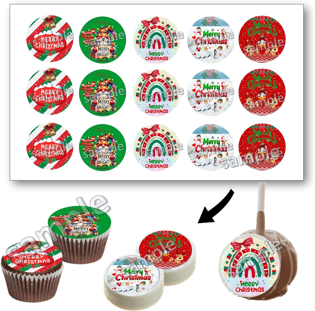 Christmas Edible images for Oreo cookies chocolate covered, edible image cupcake topper printed on edible paper sugar icing sheet, for cookie decorating, 15 circles 2" each PRECUT