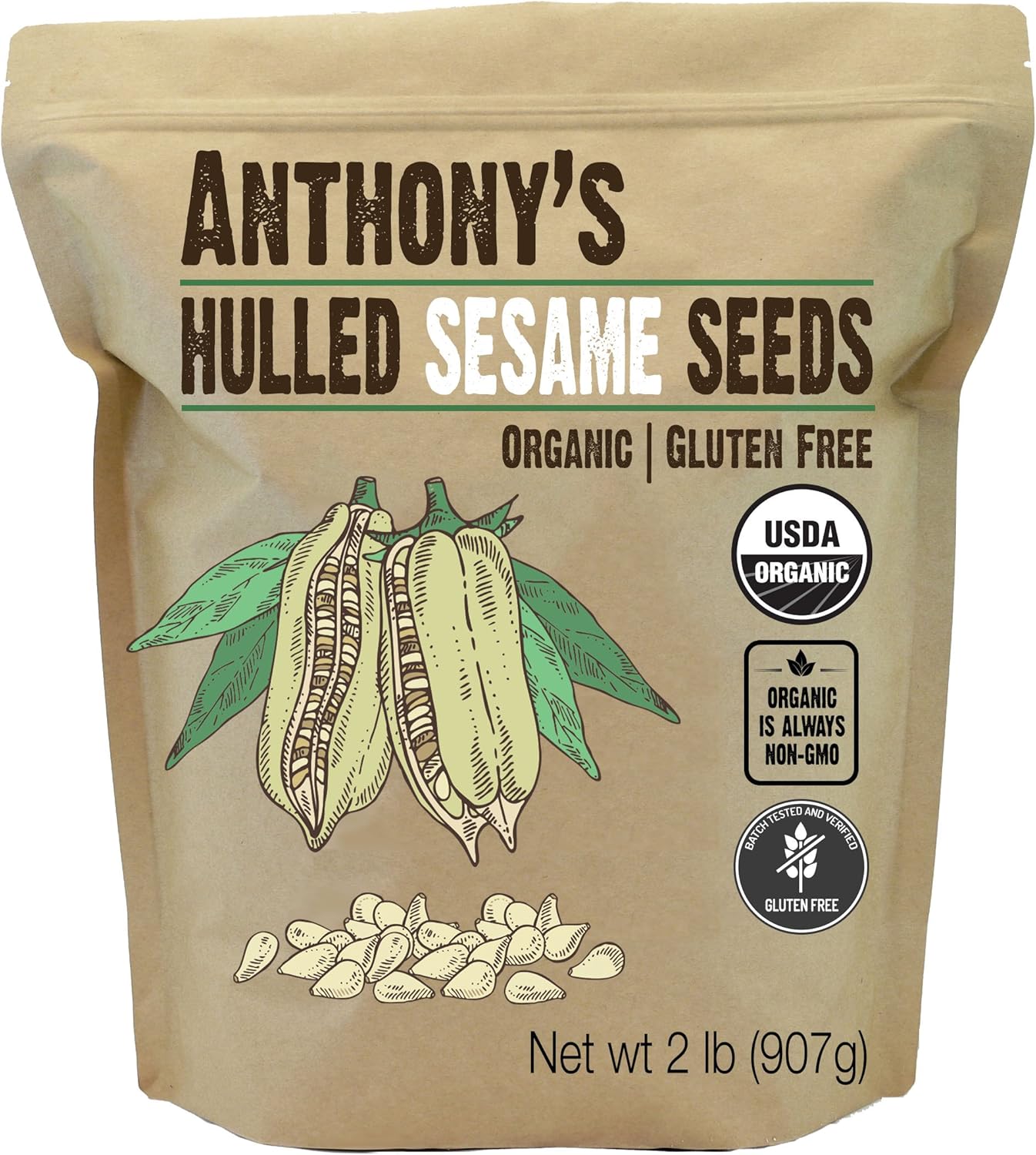Anthony's Organic Hulled Sesame Seeds, 2 lb, White, Raw, Gluten Free, Non GMO, Keto Friendly
