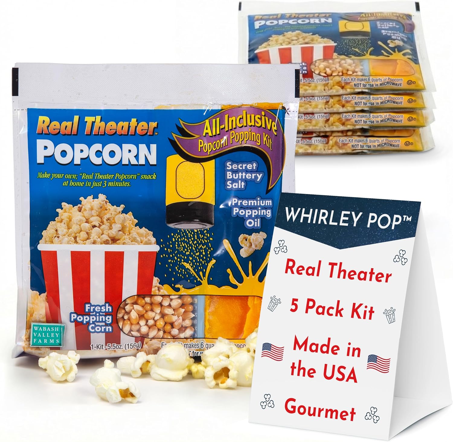Wabash Valley Farms Real Theatre Popcorn Packs — Gourmet Kernel Kit for Popcorn Machines, Stovetop Poppers, and At-Home Movie Night Snacking — Perfect for Use with The Original Whirley Pop — 5 Pack