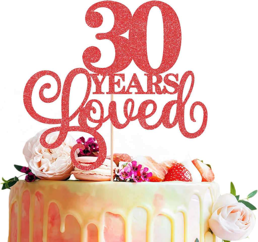 30 Years Loved Cake Topper - Red Glitter 30th Birthday & Anniversary Cake Decoration for Women Men Party Supplies, Photo Booth Props