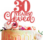 30 Years Loved Cake Topper - Red Glitter 30th Birthday & Anniversary Cake Decoration for Women Men Party Supplies, Photo Booth Props