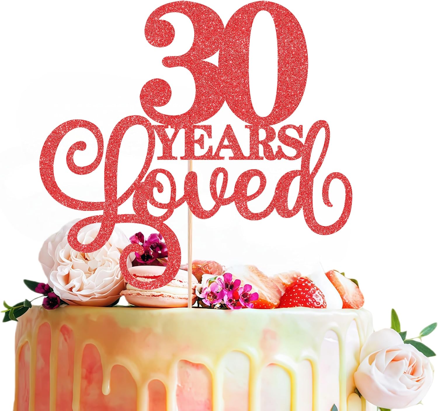 30 Years Loved Cake Topper - Red Glitter 30th Birthday & Anniversary Cake Decoration for Women Men Party Supplies, Photo Booth Props