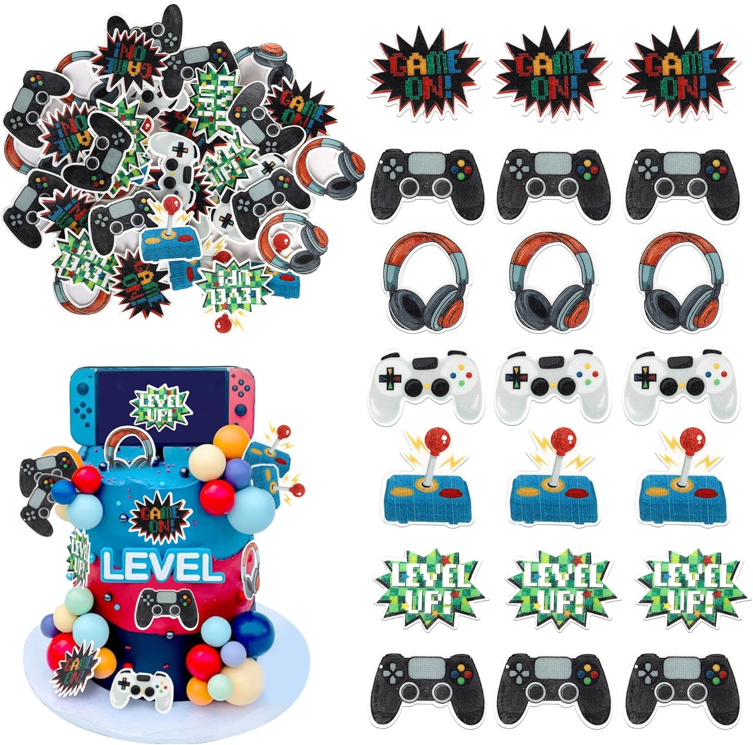 60 PCS Edible Video Game Cupcake Toppers GamePad Cake Decorations Edible Game On Controllers Cupcake Picks for Game Theme Baby Shower Boys Girls Birthday Anniversary Party Food Decorations Supplies