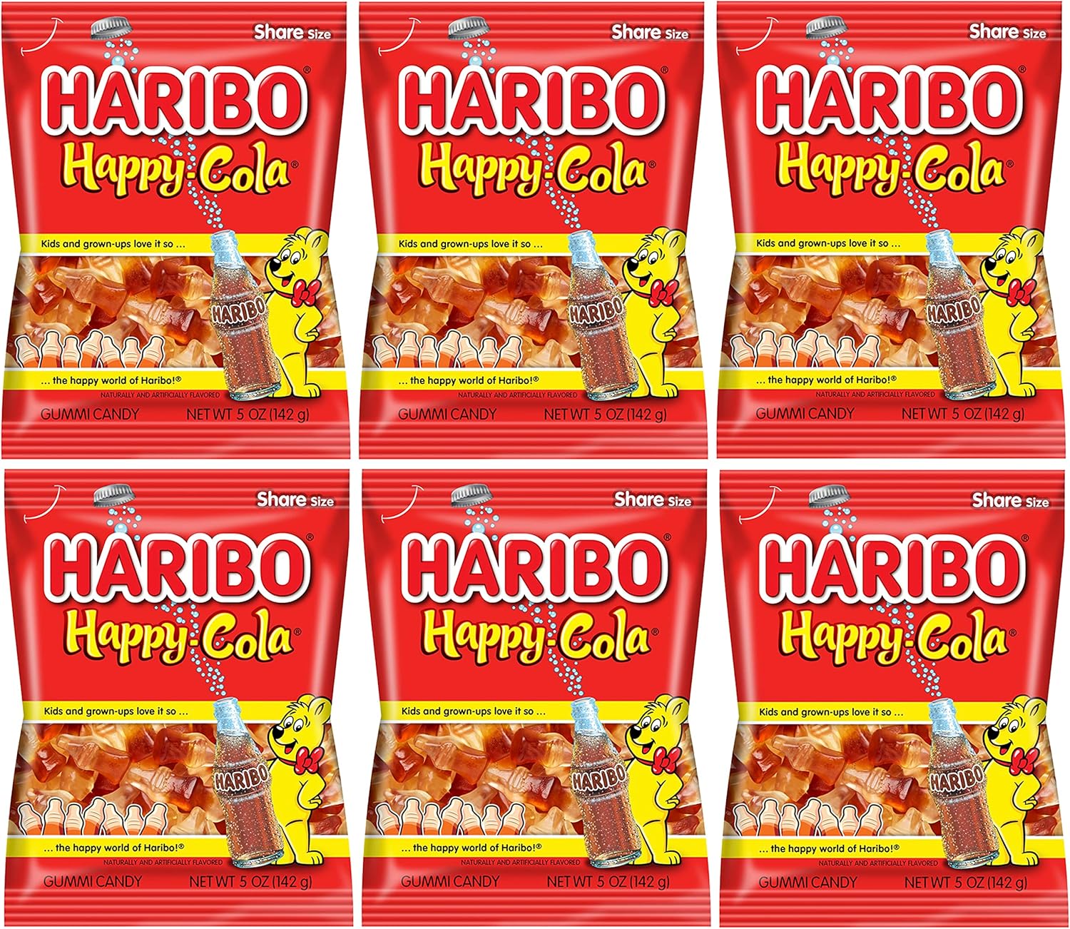 Haribo Happy Cola Gummy Candy Pack of 6 (5oz Bags) American Dulces Candy Pack for Halloween, Easter & More in a King of Sweets Bulk Bag