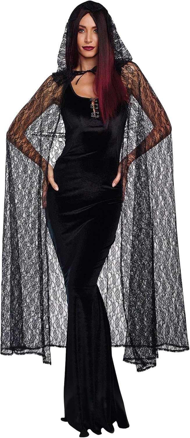 Dreamgirl Adult Lace Cape Costume, Hooded Cloak Halloween Costume Accessory for Women, Black