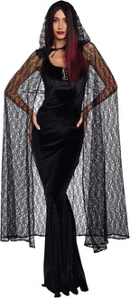 Dreamgirl Adult Lace Cape Costume, Hooded Cloak Halloween Costume Accessory for Women, Black