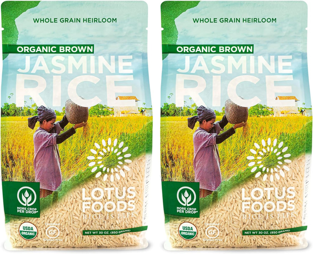 Lotus Foods Organic Brown Jasmine Rice - Whole Grain Jasmine Rice, Gluten Free Brown Rice, Organic Rice, Long Grain Asian Sticky Rice, Quick Cook Rice in Bulk, Gluten Free - 30 Oz (Pack of 2)