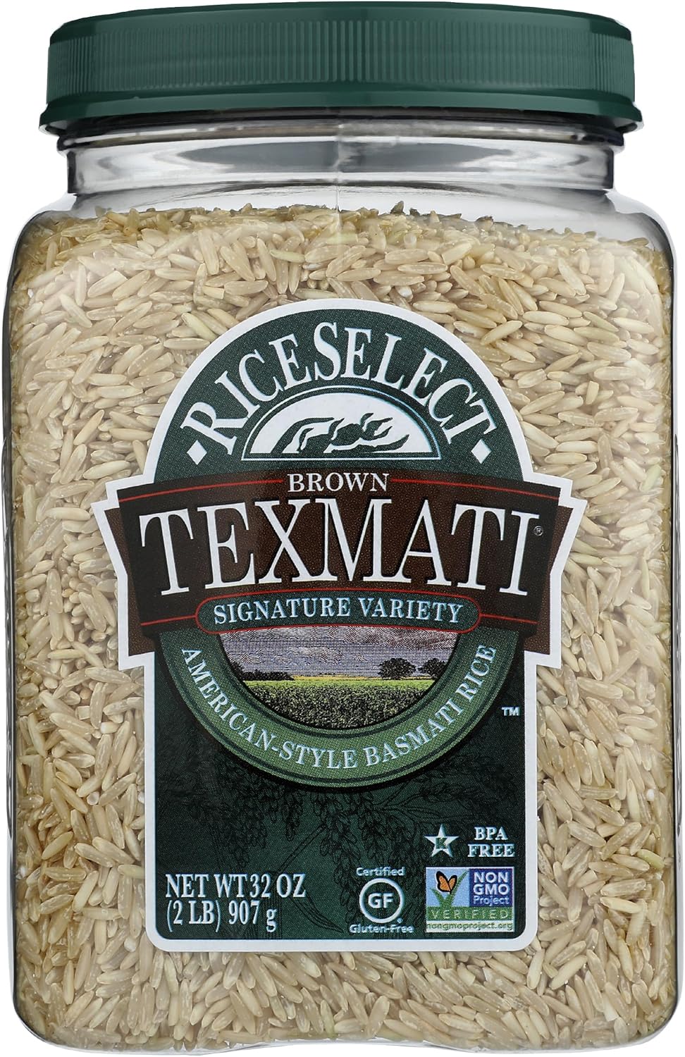 RiceSelect Texmati Brown Rice, Whole-Grain Basmati Rice, Premium Gluten-Free Rice, Non-GMO, Star-K Kosher, 32-Ounce Jar