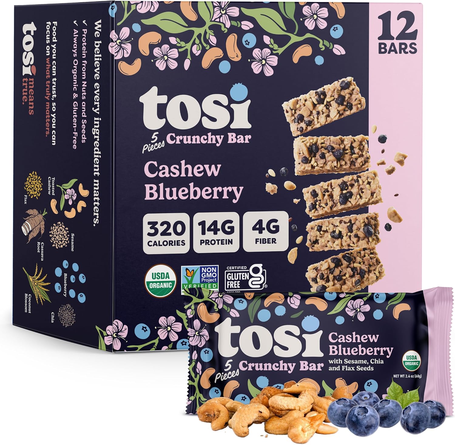 Tosi Meal Nut Bars, Cashew Blueberry, Healthy Snacks for Adults & Kids, Crunchy Plant Based Protein Bar (14G), Keto Snacks, Vegan, Gluten & Soy Free, Low Sugar, Omega 3s, 2.4oz, 12-Pack
