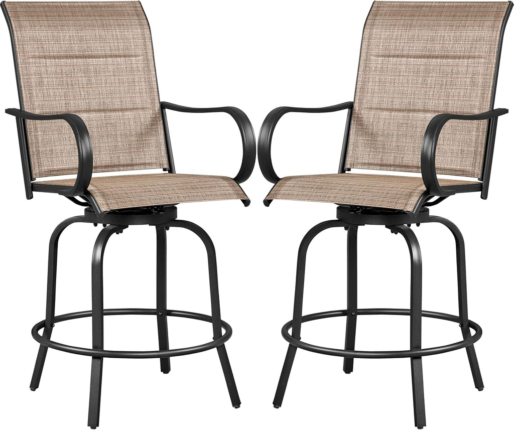 Yaheetech 2 Piece Patio Swivel Bar Stools Texteline Bistro Chairs with High Back/Armrest/Footrest, All Weather Padded Seating Outdoor Furniture Chairs for Outside, Lawn & Garden?Black/Brown