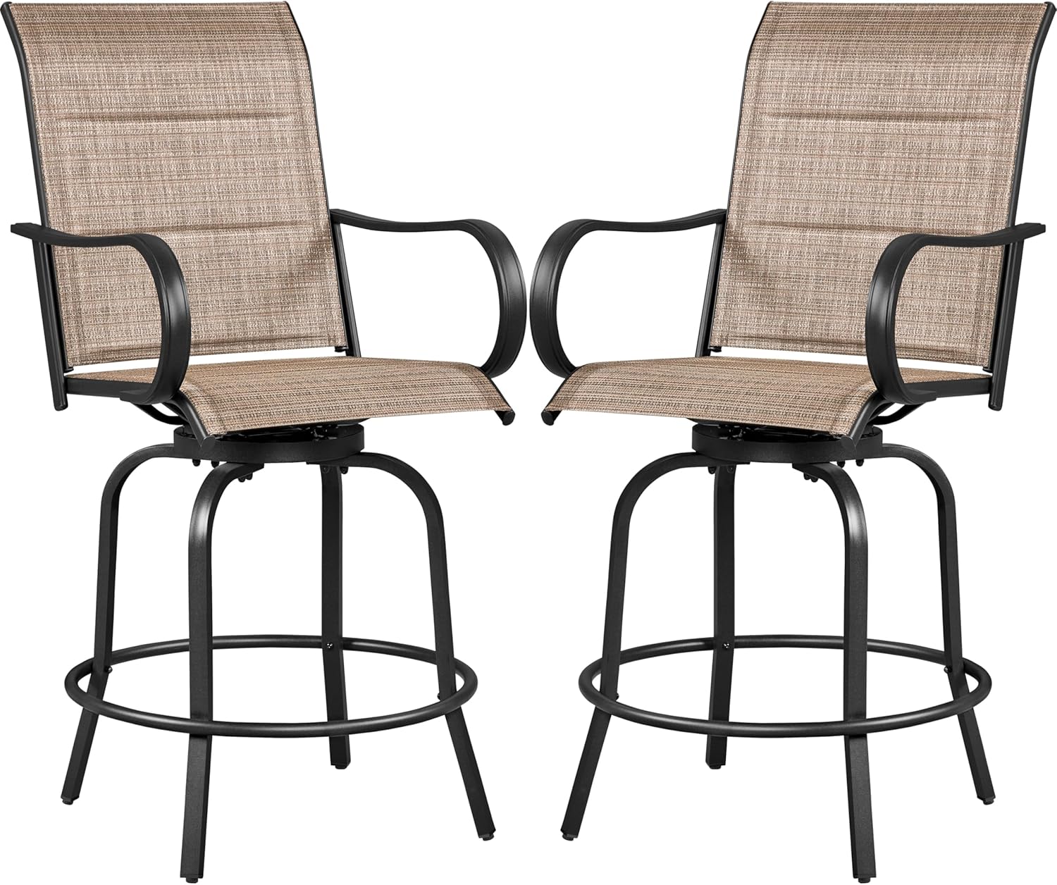 Yaheetech 2 Piece Patio Swivel Bar Stools Texteline Bistro Chairs with High Back/Armrest/Footrest, All Weather Padded Seating Outdoor Furniture Chairs for Outside, Lawn & Garden?Black/Brown