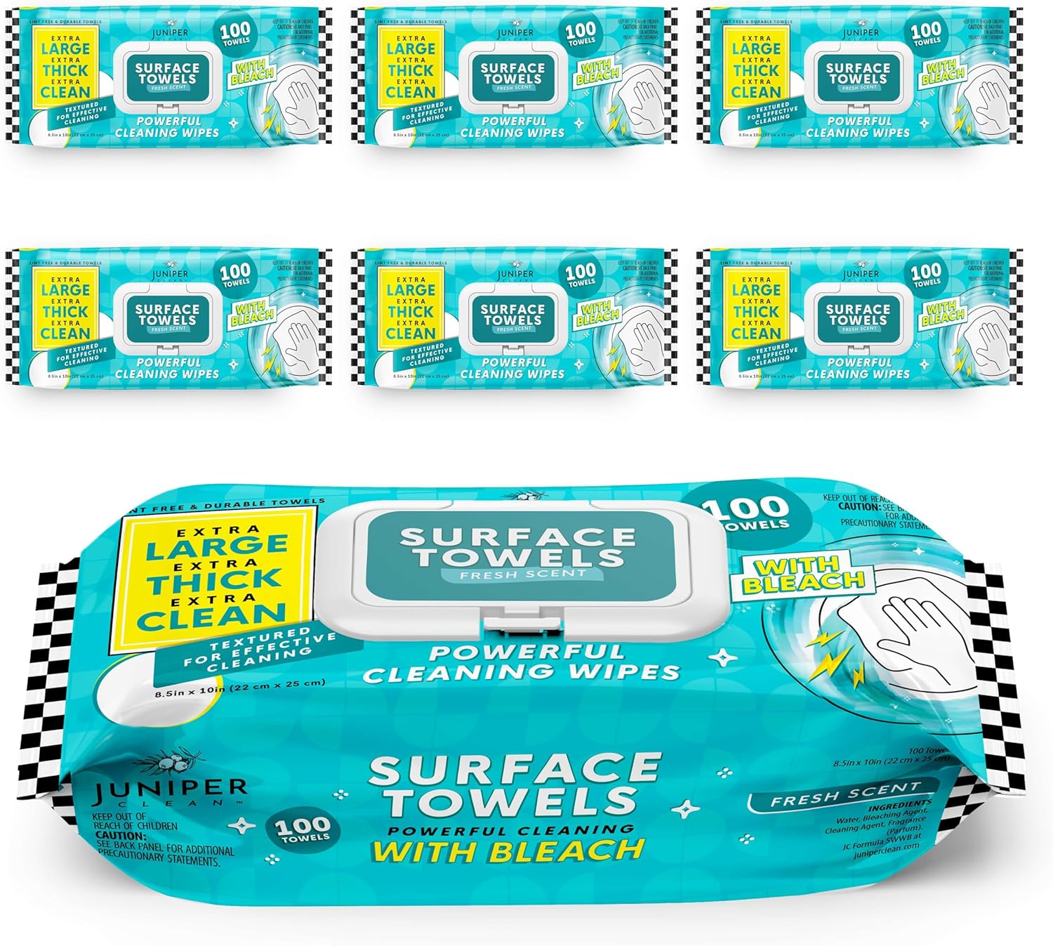 6 Packs Surface Wipes with Bleach, Thick & Large Dispose, All-Purpose Cleaner for Bathroom, Kitchen, Office, 600 Count Soft Flow, Biodegradable, Fresh Scent