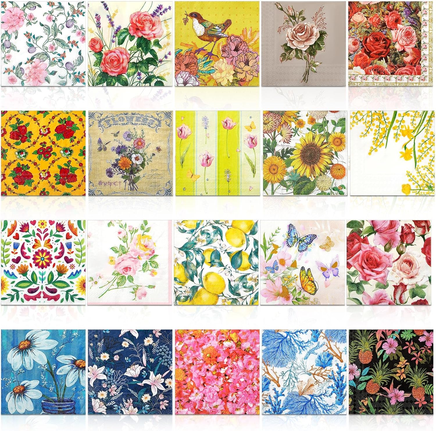 Crtiin 20 Pack Decoupage Napkins Floral Napkins Flower Cocktail Paper Decorative Toilet for Valentine's Day Birthday Party Beautiful Gorgeous, 20 Styles Each 6.5 Inches(Style 9)