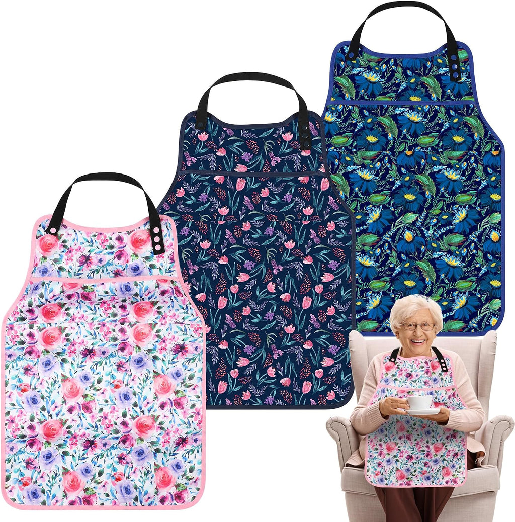 3 Pcs Adult Bibs for Women, Reusable Adult Bibs for Eating with Top Pocket Crumb Catcher, Waterproof Washable Dining Clothing Protector, Gifts for Women/Mom