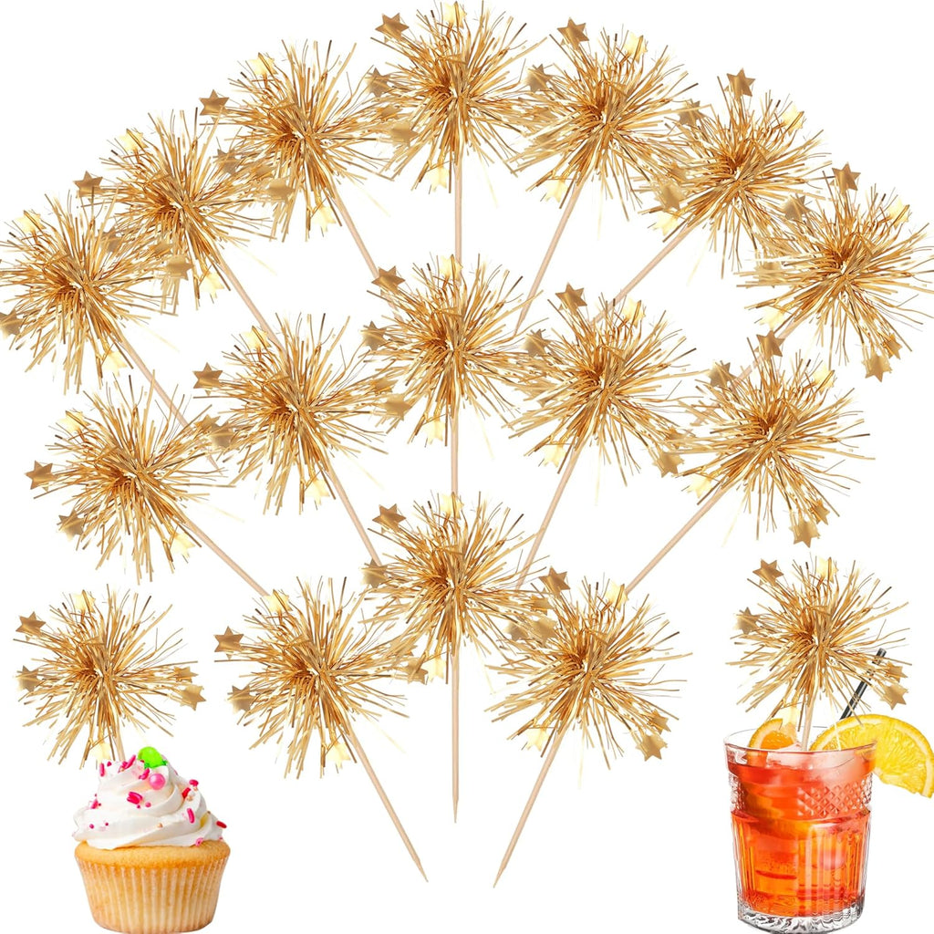 Rsstarxi 30 Pack Happy Birthday Cupcake Toppers Gold Firework Foil Cupcake Toppers Sparkle Tinsel Flower Drink Stirrers Cocktail Food Toothpicks for New Years Eve Christmas Party Cake Decorations