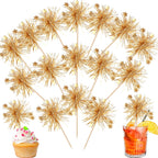 Rsstarxi 30 Pack Happy Birthday Cupcake Toppers Gold Firework Foil Cupcake Toppers Sparkle Tinsel Flower Drink Stirrers Cocktail Food Toothpicks for New Years Eve Christmas Party Cake Decorations