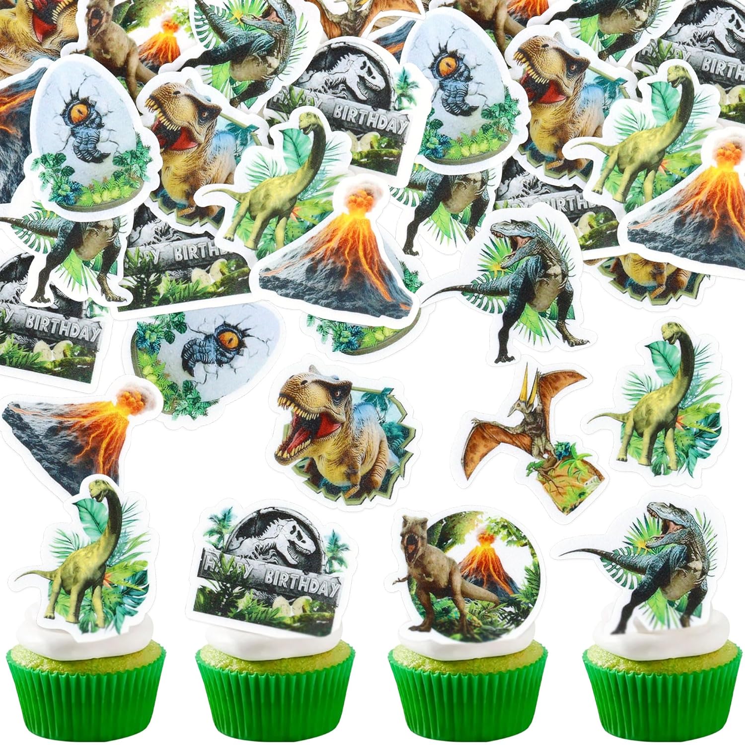 Ercadio 48 PCS Edible Jurassic Dinosaur Cupcake Toppers Volcano Dinosaur Egg T-Rex Cake Decorations for Jurassic Theme Baby Shower Kids Birthday Party Cake Supplies