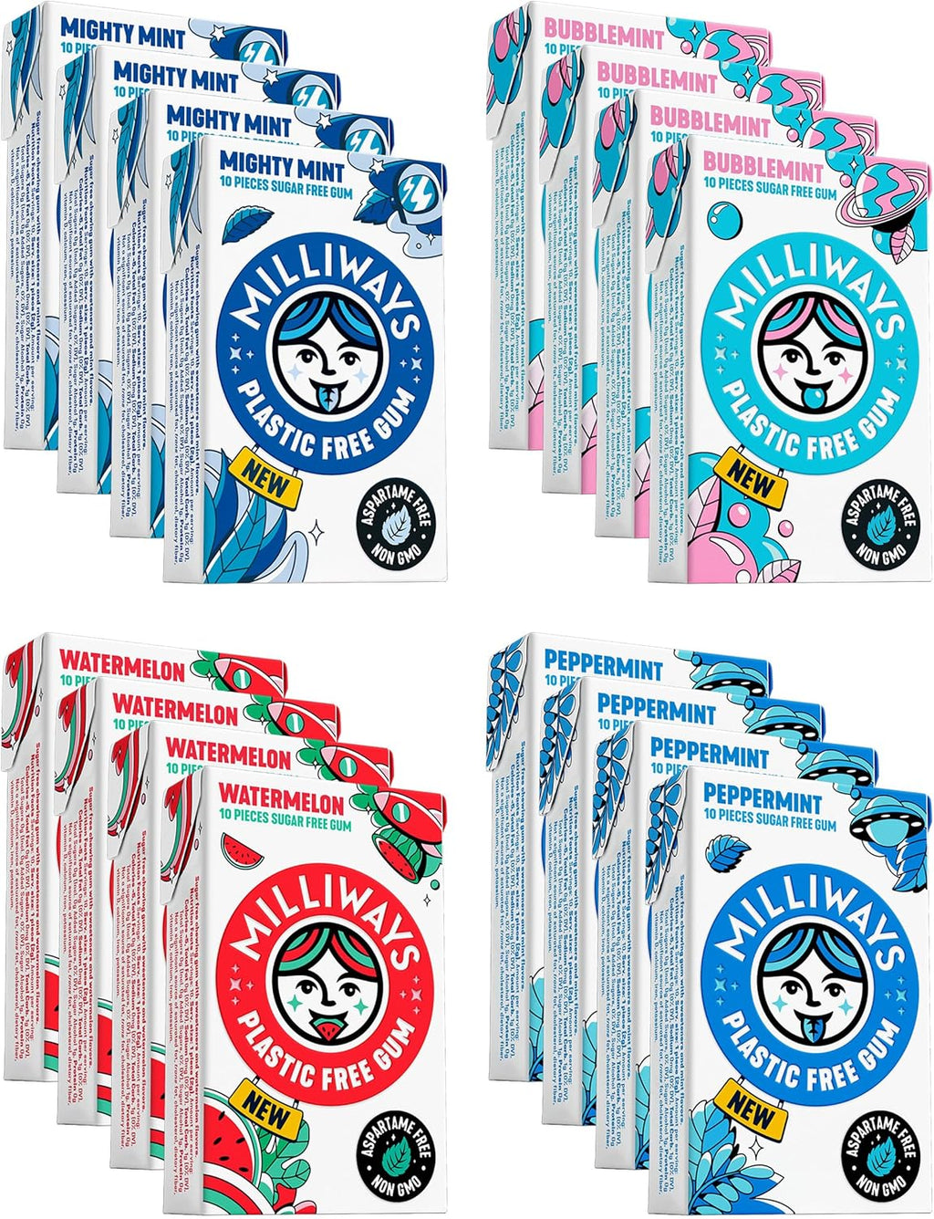 Milliways Variety Pack – Mighty Mint, Bubblemint, Peppermint & Watermelon | Plastic Free Gum | Xylitol, Aspartame-Free, Sugar-Free, Plant-Based, Natural Chewing Gum | 4 x 4 Packs (16 Packs