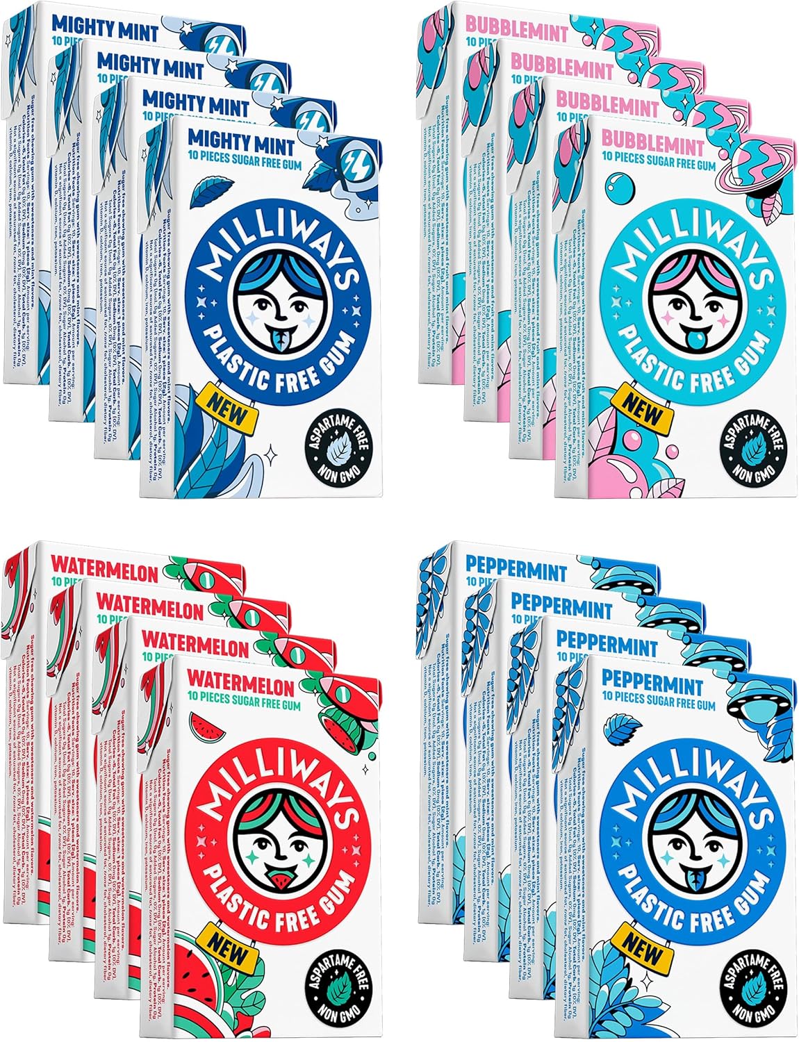 Milliways Variety Pack – Mighty Mint, Bubblemint, Peppermint & Watermelon | Plastic Free Gum | Xylitol, Aspartame-Free, Sugar-Free, Plant-Based, Natural Chewing Gum | 4 x 4 Packs (16 Packs