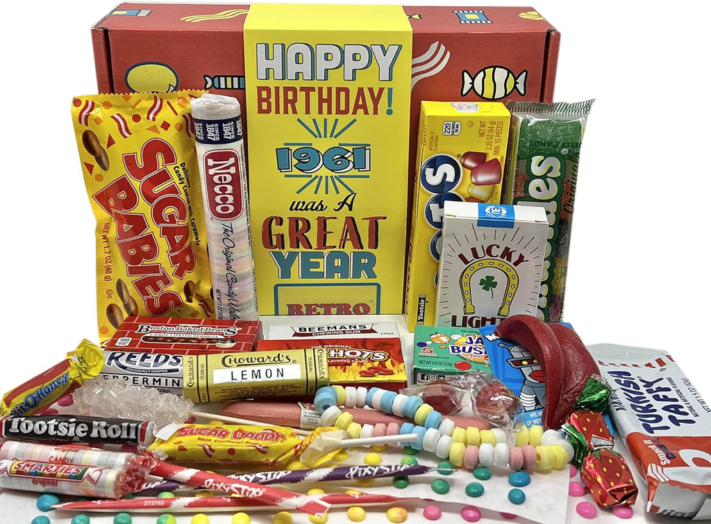 RETRO CANDY YUM ~ 1961 65th Birthday Gift Box Nostalgic Candy Mix from Childhood for 65 Year Old Woman or Man Born 1961 Jr