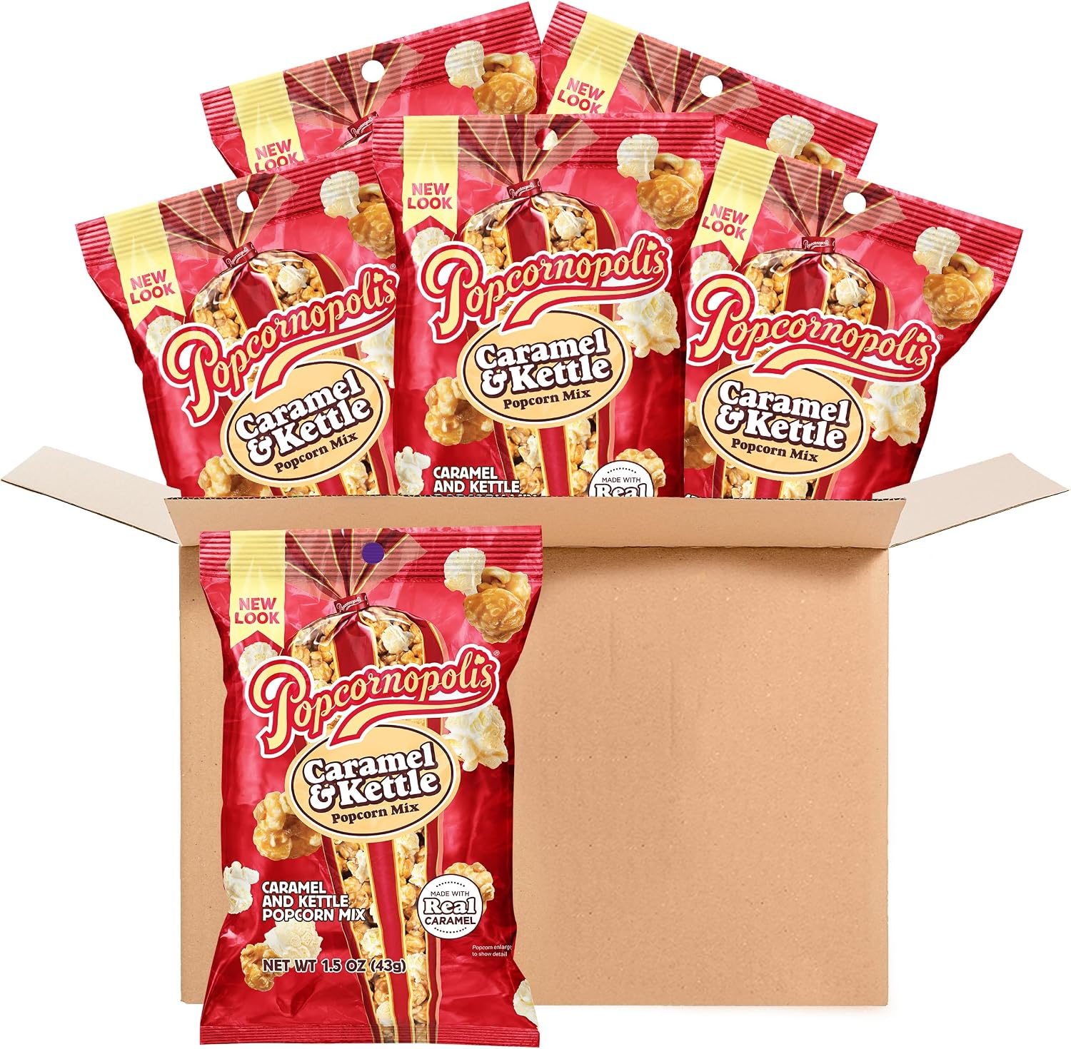 Popcornopolis Gourmet Popcorn, Caramel & Kettle Mix, Sweet & Salty, 6-Pack Snack Bags, Bulk & Single Serve, Non-GMO, Gluten-Free