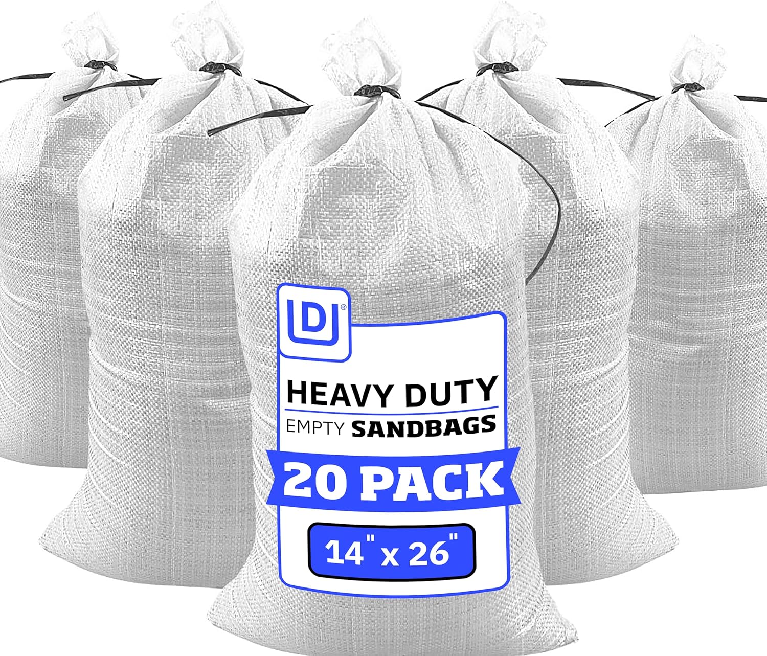 DURASACK Heavy Duty Sand Bags with Tie Strings Empty Woven Polypropylene Sand-Bags for Flood Control with 1600 Hours of UV Protection, 50 lbs Capacity, 14x26 inches, White, Pack of 20