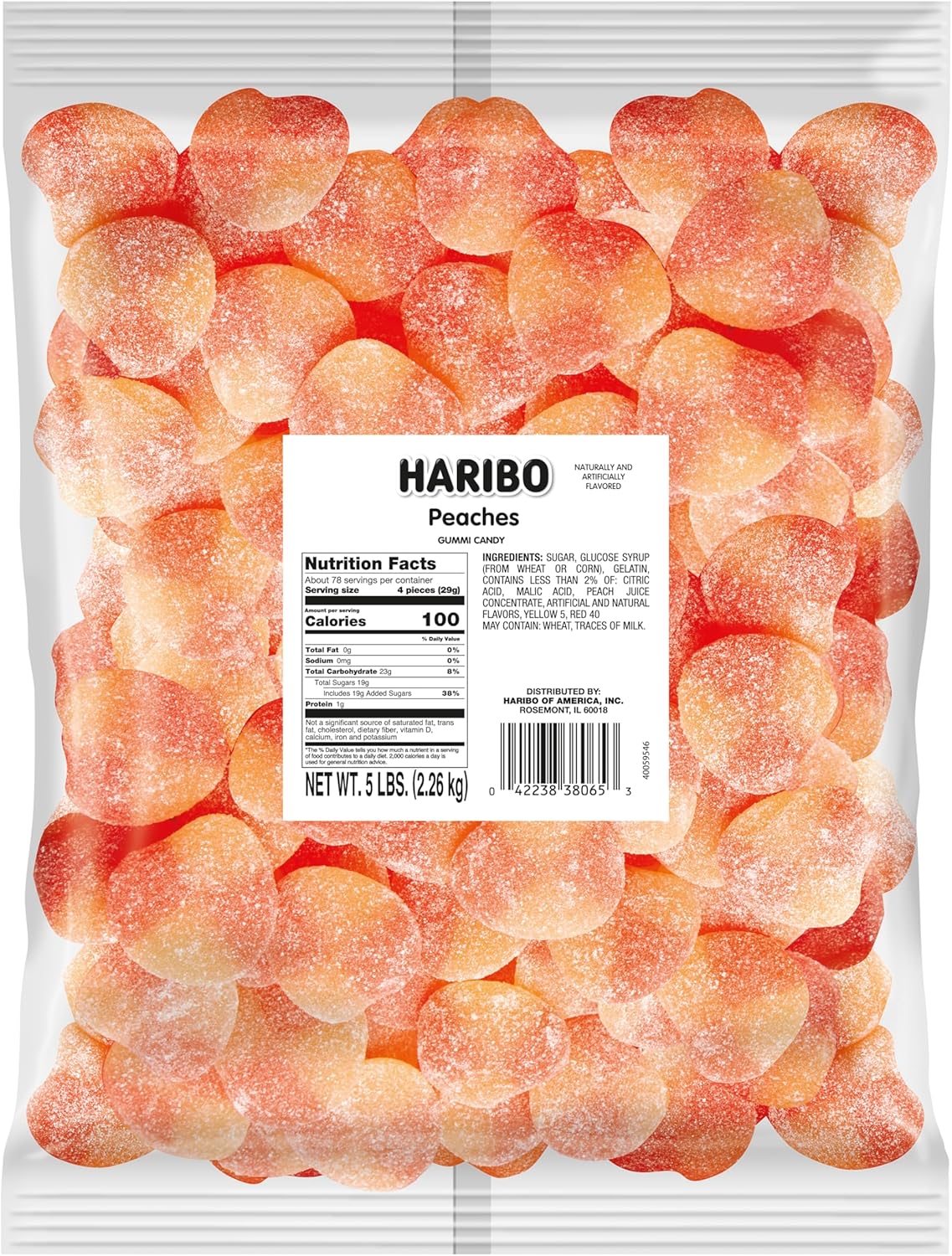Haribo Gummi Candy, Peaches, 5-Pound Bag