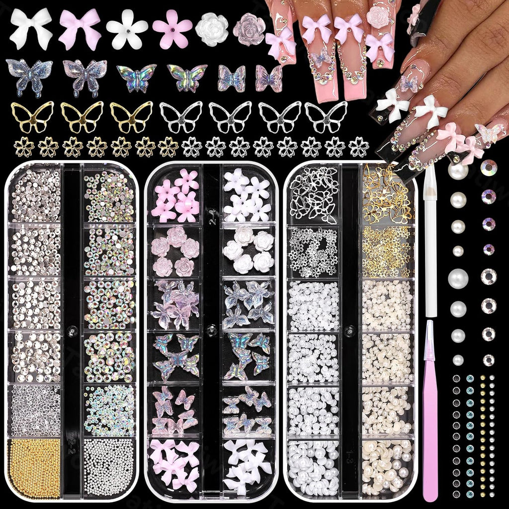 3 Boxes Flower Nail Charms and Gems, 3D White Resin Bow Tie Flower Nail Art Charms, White Beige Pearls Gold Silver Caviar Beads and Rhinestone Gems for Women Nail DIY Accessories with Pickup Tools