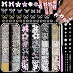3 Boxes Flower Nail Charms and Gems, 3D White Resin Bow Tie Flower Nail Art Charms, White Beige Pearls Gold Silver Caviar Beads and Rhinestone Gems for Women Nail DIY Accessories with Pickup Tools