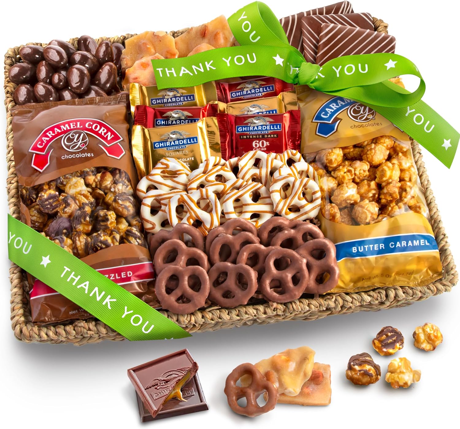 A Gift Inside Thank You Chocolate Caramel and Crunch Grand Gift Basket with Snacks, Pretzels, Ghirardelli and Chocolate-covered Nuts
