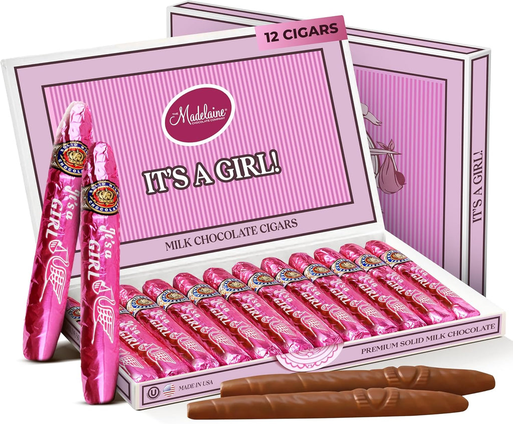 Madelaine Solid Premium Milk Chocolate Cig It's a Girl Baby Shower Favors Gift Box - Made with Cocoa Bean & Swiss-Formulated Chocolate - 12 Count Individually Wrapped in an Elegant Hard Box