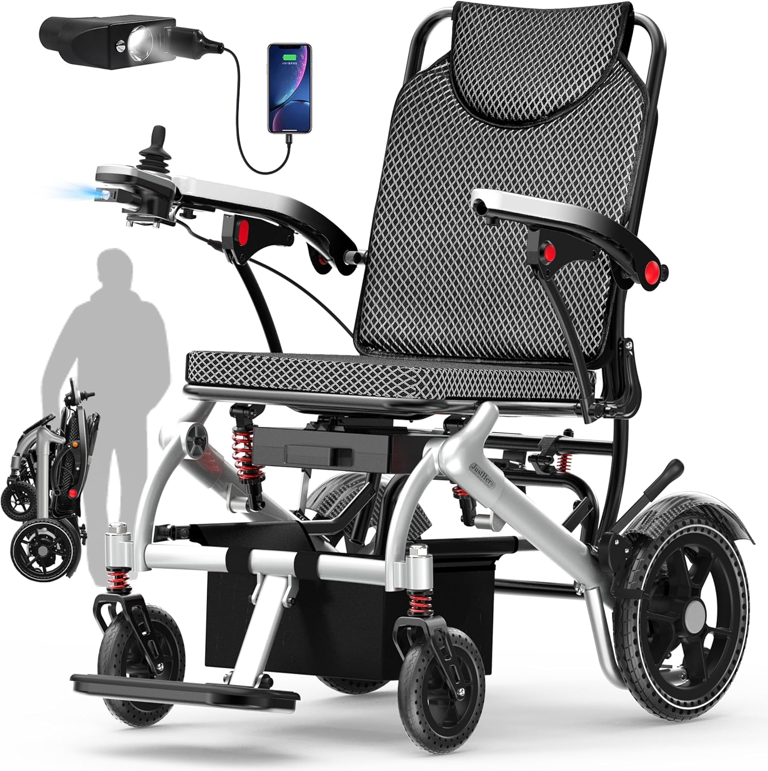 Electric Wheelchairs for Adults Foldable 36LBS Lightweight, 15 Miles Travel Range, Max Support 350 LBS, 500W Brushless Motors with LED Light, Airline Approval-Full Silver Color with New Armrests