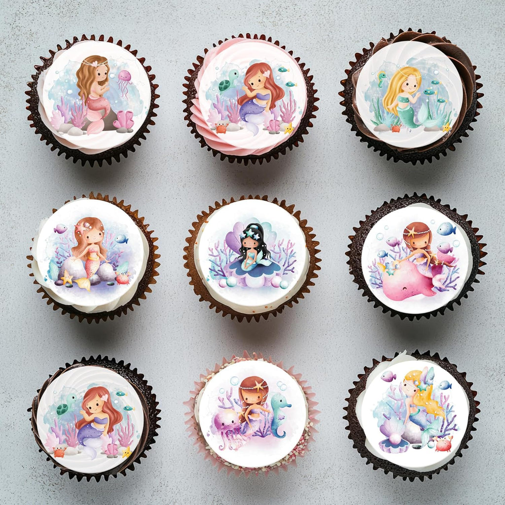 36pcs Edible Mermaid Cupcake Toppers Wafer Paper Under the Sea Cake Topper Decorations Mermaid Princess Cupcake Picks for Ocean Theme Birthday Baby Shower Supplies