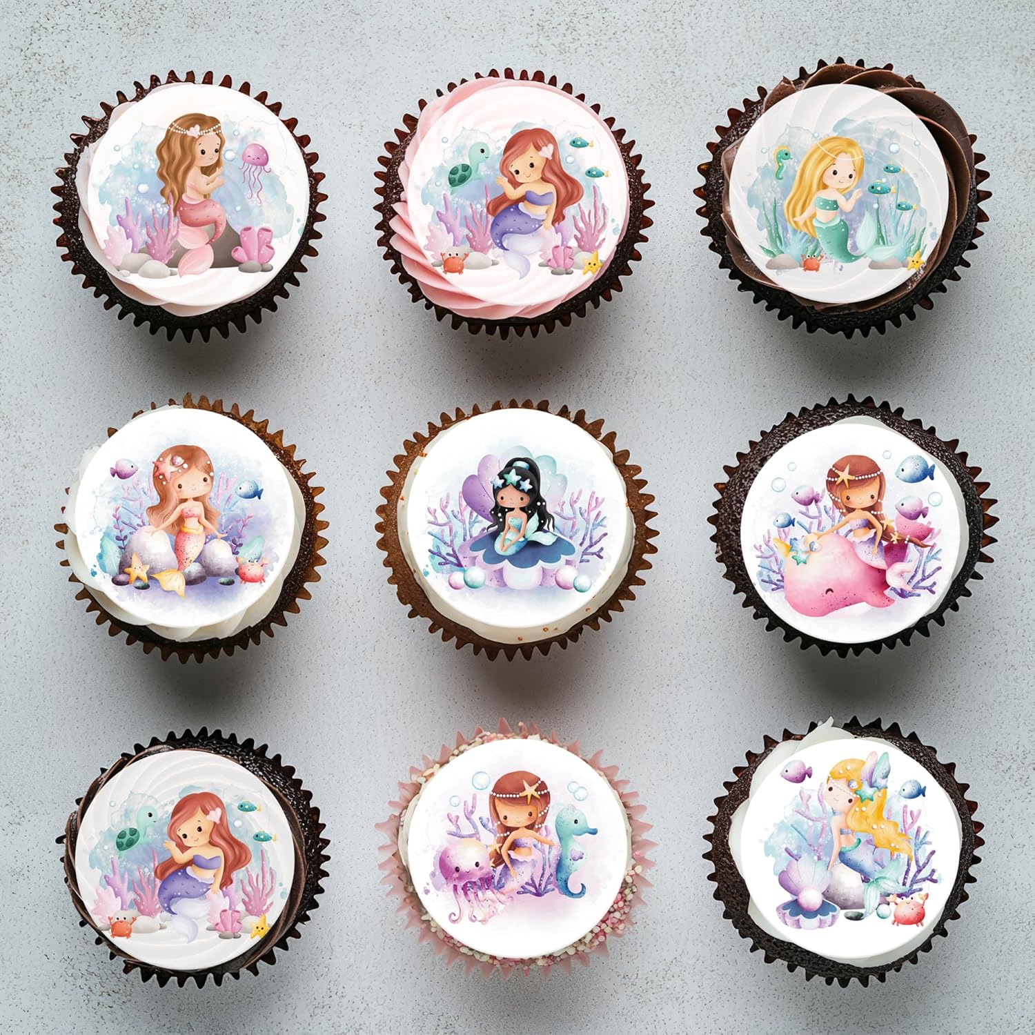 36pcs Edible Mermaid Cupcake Toppers Wafer Paper Under the Sea Cake Topper Decorations Mermaid Princess Cupcake Picks for Ocean Theme Birthday Baby Shower Supplies