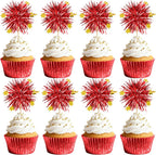 Foil Firework Cupcake Toppers, 30 PCS Red Birthday Cupcake Toppers Cake Decorations, Sparkle Tinsel Star Cupcakes Picks for Valentine's Day, Wedding, Engagement, Birthday Party Decorations Supplies