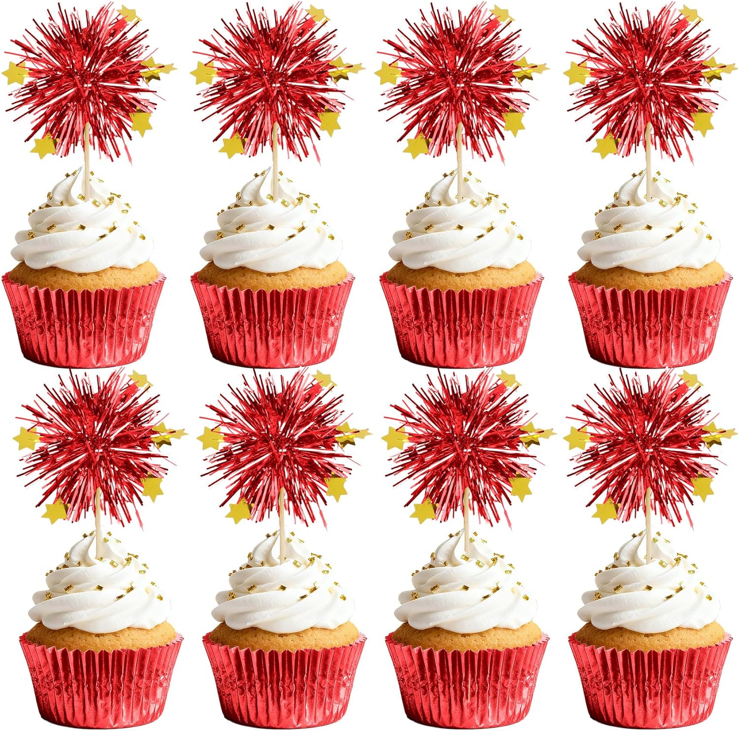 Foil Firework Cupcake Toppers, 30 PCS Red Birthday Cupcake Toppers Cake Decorations, Sparkle Tinsel Star Cupcakes Picks for Valentine's Day, Wedding, Engagement, Birthday Party Decorations Supplies