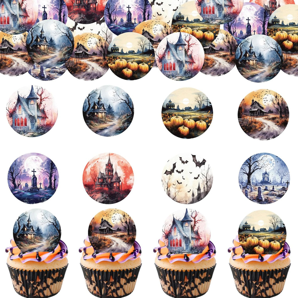 36PCS Edible Halloween Scene Cupcake Toppers Wafer Paper Pumpkin Cake Decorations Haunted House Castle Cupcake Picks for Halloween Eve Theme Party Birthday Decor Supplies