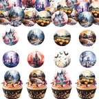 36PCS Edible Halloween Scene Cupcake Toppers Wafer Paper Pumpkin Cake Decorations Haunted House Castle Cupcake Picks for Halloween Eve Theme Party Birthday Decor Supplies