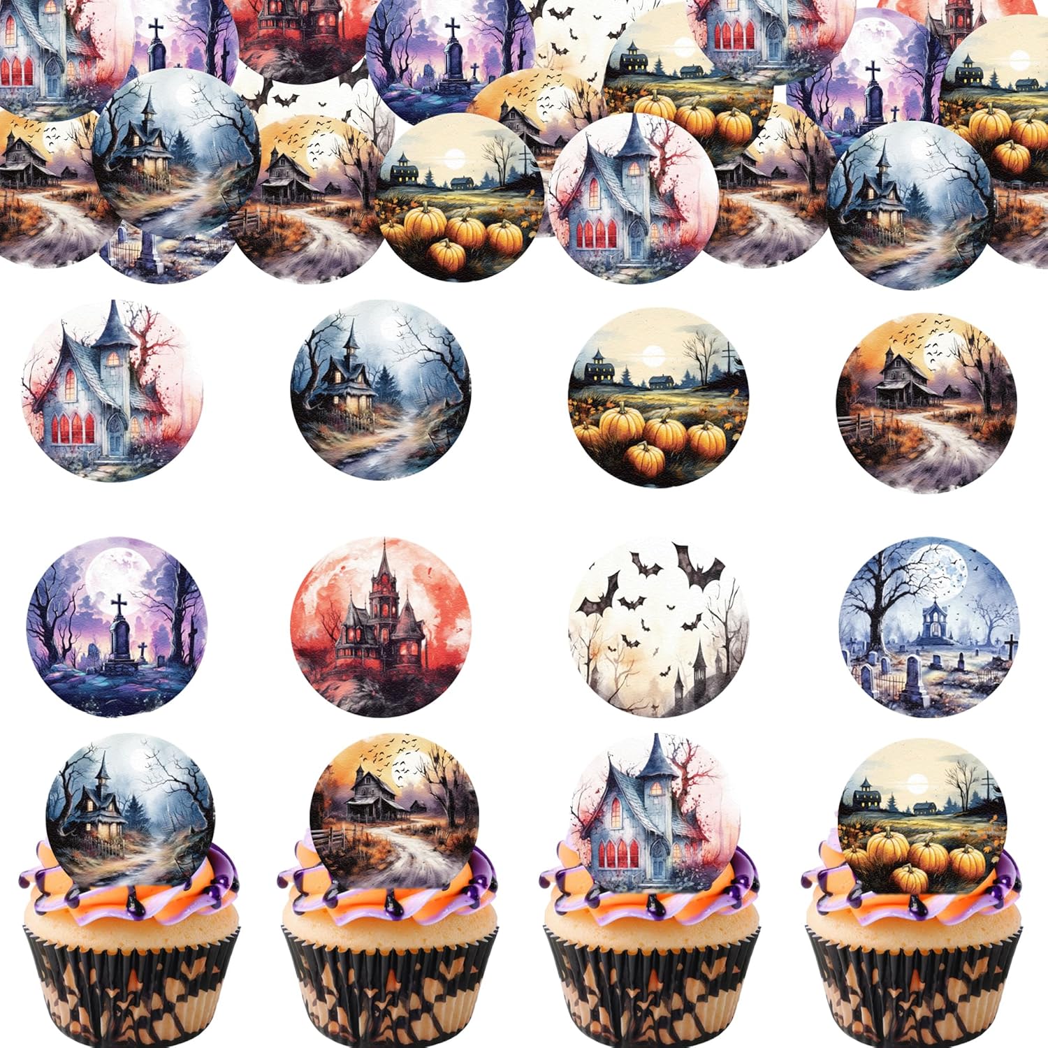 36PCS Edible Halloween Scene Cupcake Toppers Wafer Paper Pumpkin Cake Decorations Haunted House Castle Cupcake Picks for Halloween Eve Theme Party Birthday Decor Supplies