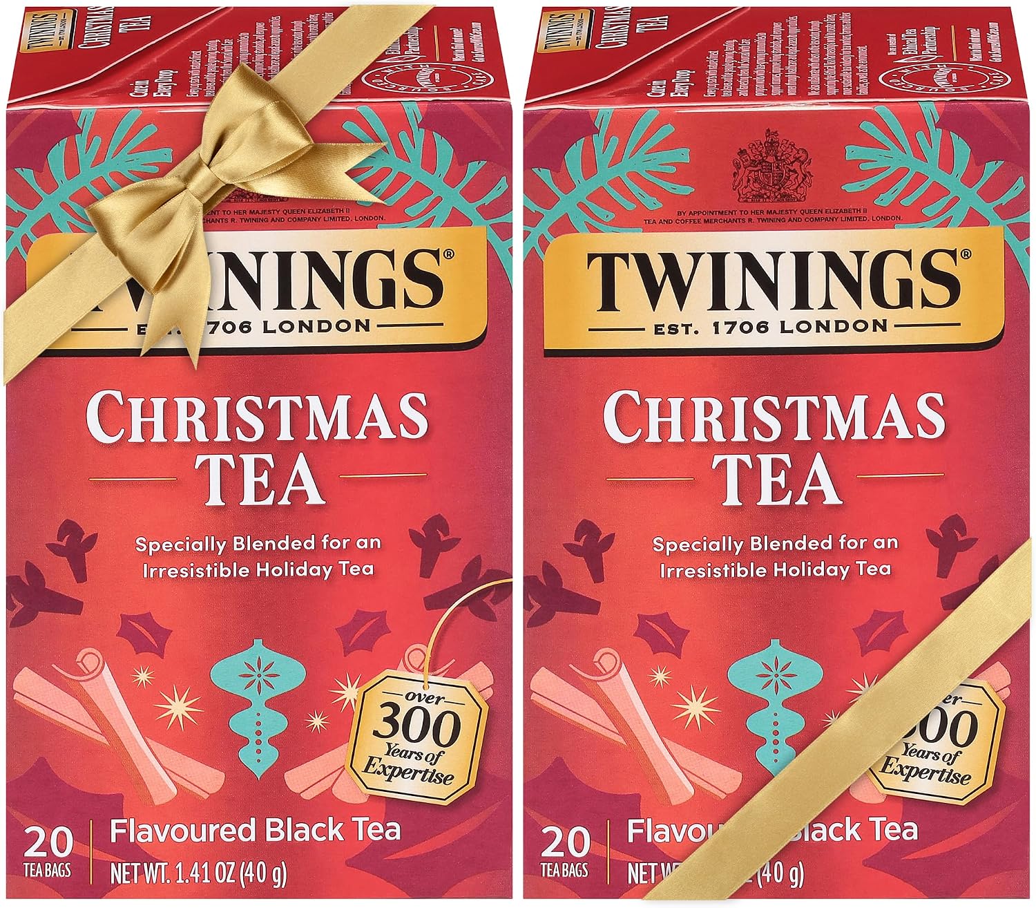 Twinings Christmas Tea - Black Tea Blended with Spicy and Aromatic Clove and Cinnamon, Tea Bags Individually Wrapped, 20 Count Ea (Pack of 2)