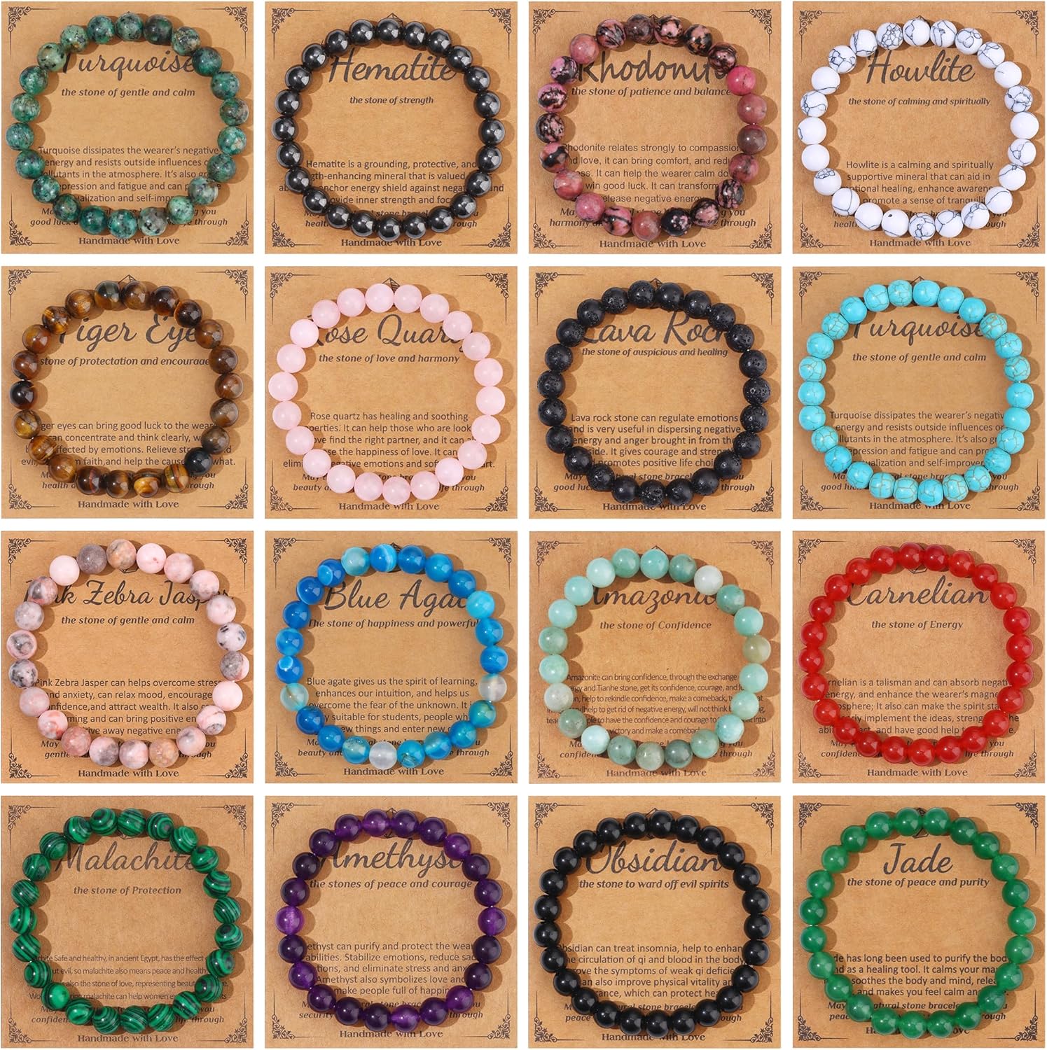 16 PCS Healing Crystal Bracelet for Women Men 8mm Natural Stone Beaded Bracelets Round Gemstones Stretch Bead Bracelet Birthday Gifts