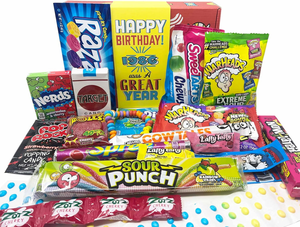 1986 Retro Childhood Candy Gift Basket Box Assortment for 40th Birthday Man or Woman Jr