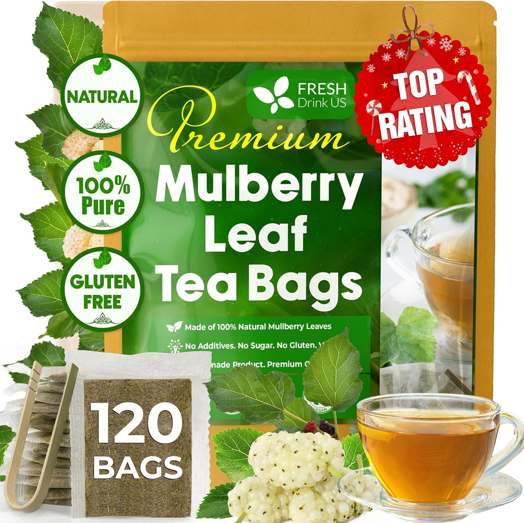 FreshDrinkUS, Premium 120 Mulberry Leaf Tea Bags, 100% Natural & Pure from Mulberry Leaves. Loose Leaf Herbal Tea. Made with Natural Material Tea Bags. No Sugar, No Caffeine, No Gluten, Vegan.